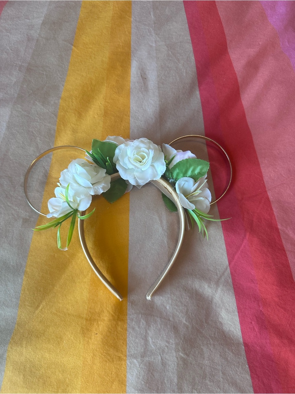 Gold Floral Mouse Ear Headband with White Flowers